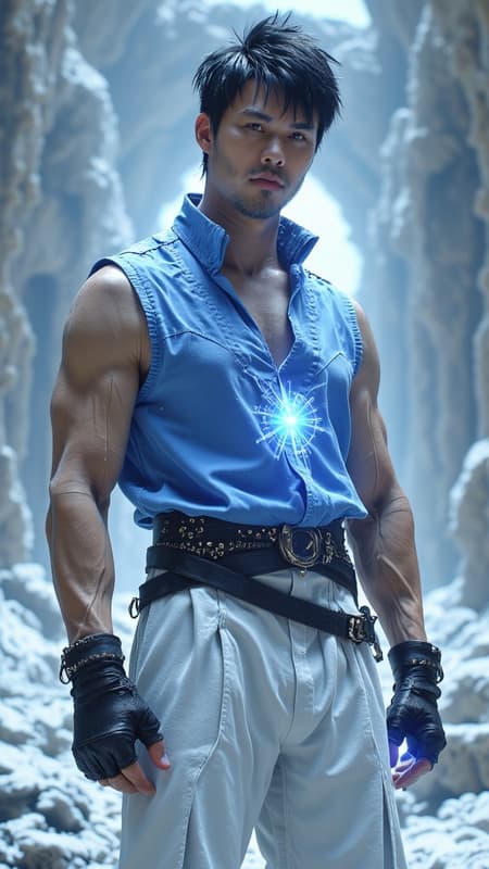Male super-hero of Asian heritage, probably Japanese-American, ultra futuristic cyberpunk style. Tall, slim but muscular, sinewy. Short, black spiky fade hairstyle, close cut on the back and sides, longer on top. Black eyes, strong brow and jaw, high cheekbones, handsome. Clean shaven, no facial hair. Sleevless V-neck jacket, periwinkle blue in color, pointed at the shoulders. Pants are white and slightly baggy cyberpunk style, tapered at the bottoms, but roomy enough for him to fight. Black leather belt with metal studs around his waist. Short black leather bracers around his wrists. Black leather ankle length boots on his feet. 

Pale blue energy swirls around the crown of his head like an atom, constantly moving. He is a psionic with telekinesis and telepathic powers. He can move objects with his mind and attack with mental energy. Full body pose, likely using his power to levitate. 