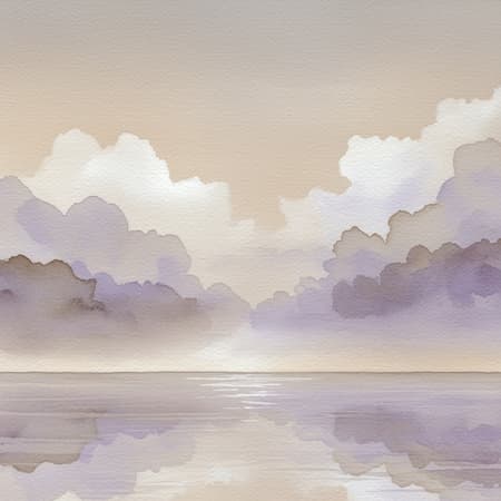 A tranquil watercolor artwork portrays the peaceful elegance of an expansive sky merging with a calm sea at the horizon, featuring a gradient of tan, taupe, brown, white, and lavender tones, evoking a misty scenery. The clouds are depicted with diverse levels of detail, with some sharply outlined and others dissolving into the backdrop, enhancing the sense of depth, evoking a 2D, sculptural effect.