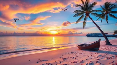 A serene beach scene at sunset with vibrant hues of orange, pink, and purple sky reflecting on calm ocean waters, a lone palm tree gently swaying to the right, casting a long shadow across the pristine sandy shore. Small, colorful seashells are scattered along the sand, and a weathered wooden boat is anchored near the water's edge. Seagulls glide gracefully in the sky, and distant islands are silhouetted on the horizon, adding depth to the picturesque view.