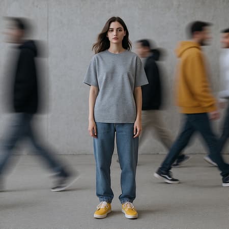 Capture the essence of urban hustle through a striking photograph featuring a sharply focused female professional model standing still, surrounded by the blurred motion of people walking past her, symbolizing movement. She dons a grey loose fit T-shirt and denim jogger pants paired with vibrant yellow skateboard shoes. The scene is dynamically set using a Sony α9 II camera with a Sony FE 100-400mm f/4.5-5.6 GM OSS lens. Sub-models in loose fit hoodies and jogger pants with sneakers contribute to the urban narrative. Set in an open, minimalistic space, the soft, indirect light casts a serene yet dynamic ambiance. The background is a plain wall with subtle texture, enhancing the motion blur effect without diverting attention. This composition beautifully juxtaposes the theme of stillness amidst chaos with the main subject's focus highlighted against the transient figures.