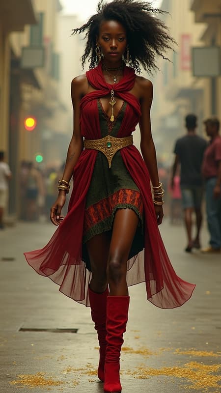 A character for Changeling: The Dreaming, fairytales in modern day times. She is an Eshu, an African faery being. Feminine female wanderer, storyteller, modern vagabond. She has the ability to walk between worlds. If there is a path or trod that will lead to a magical place, she will find it. When she tells a story of faraway places, you can practically see and hear what she describes, no one tells a story like she does. Her dark eyes are starlit, you can almost see the beginning of time in them. 

Tall, slender, lithe but strong and athletic, a dancer's build. Of African descent, her skin is dark brown and smooth. Medium length black hair, curlly and coiled, in an asymmetrical style, braided on one side and falling loosely to the other side of her head.  Beautiful face, high cheekbones and full lips, a model's face. Dark eyes that sparkle with starlight, moderate make-up on eyes with dark red lips. Gold dagger-shaped earrings in her slightly pointed ears and gold bangle bracelets on her arms, as well as a necklace with an emerald around her neck. She wears a beautiful layered silk minidress in African colors of red, black and green with a golden metallic belt around her waist. A long flowing red silk scarf tied around her neck, and red soft suede knee-high boots with medium heels on her feet. When she walks, she leaves a trail of golden glitter in her wake, it comes from her shining golden aura. Wherever she goes, adventure awaits. Full body pose, walking towards some unkown path in the city... 
