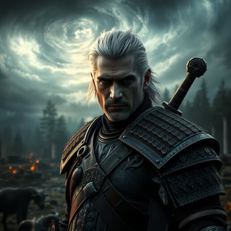 A brooding Geralt of Rivia portrayed by Henry Cavill stands under a swirling stormy sky, his eyes shadowed with an evil and thoughtful look, exuding an atmosphere of intense darkness and horror. The scene is bathed in dramatic, flickering light, capturing every highly detailed texture of his weathered armor and silver hair, rich with hyper-realistic and colorful realism. The swords strapped to his back glisten ominously, revealing hidden details etched into their blades, while nearby creatures of the night lurk in the shadows, adding layers of suspense. The landscape around him is an ultra-high-definition tableau of eerie forests and ancient ruins, each element meticulously crafted with realistic attention to detail, creating a vivid and immersive 8K cinematic experience that combines the storytelling flair of Christopher Nolan with the rich visual tapestry of The Witcher.