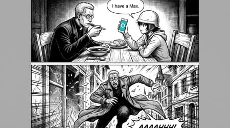 Create an image in the Hellsing manga style with clear, detailed lines in a 3:4 portrait format. In the first frame, a man and a woman are sitting at a table. The man is eating borscht with a spoon, and the man has an expressionless face. The man is Alexander Anderson from the anime Hellsing Ultimate (submitted image 1). The girl is Shinobu (submitted image 2). The girl raises her hand and shows the man her smartphone. It has a logo (a white circle on a blue-turquoise background). Submitted image 3 shows what the logo looks like. The girl says, "I have a Max." In the second frame, the man jumps out of the window into the street, breaking the glass. The man has a frightened expression.