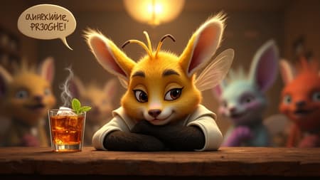 Charming Anthropomorphic Bee Character With Drink Detailed prompt:
A charming, fluffy anthropomorphic bee character with golden fur and large, translucent wings, wearing a white jacket, rests their chin on a dark, furry hand. They gaze directly at the viewer with wide, glowing white eyes and flushed cheeks, a gentle smile on their face. In their other hand, they hold a glass of amber liquid with ice and a green garnish, with subtle steam rising from it, settled on a rustic wooden bar counter. A speech bubble above their head contains Russian text. The background is a dimly lit, cozy bar filled with other blurry, alien-like patrons. The art style is 3D rendered, reminiscent of Zootopia or Ratchet & Clank, with photorealistic textures. Warm, soft lighting from an overhead lamp illuminates the scene, creating a comfortable and slightly whimsical mood. Rich, warm browns, golds, and muted greens dominate the color palette, with hints of red and purple in the background aliens. Intricate details include individual fur strands, visible wing veins, and the texture of the wooden bar.