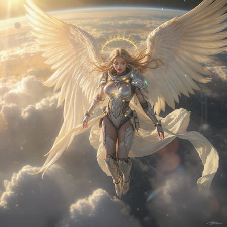 Heavenly angelic female figure adorned in an intricately designed spacesuit, set against a celestial backdrop reminiscent of satellite imagery. She floats gracefully above a cloudscape, with an abundance of small, ethereal details highlighting her surroundings. Bathed in warm, golden natural light, the scene exudes a sense of epic cinematography, captured in ultra-high-definition 8K resolution. The photorealistic depiction showcases an unparalleled level of detail, with cinematic lighting creating dynamic contrasts and depth. The composition captures an overwhelming sense of serenity and majesty, maintaining a celestial atmosphere.