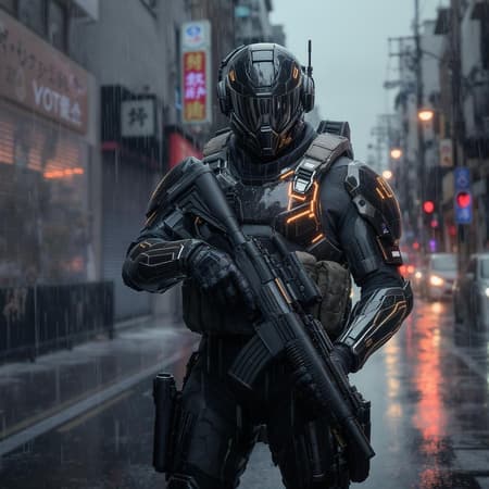 A heavily armored futuristic soldier stands on a damp urban street, equipped with advanced, high-tech weaponry and sophisticated accessories. The intricacies of the battle armor showcase a blend of cutting-edge technology and sleek design, reflecting ambient overcast skies on its polished surfaces. Subtle reflection mapping enhances the realism, while dramatic, cinematic lighting casts dynamic shadows and highlights across the scene. The atmosphere exudes hyperrealism, as every minute detail contributes to a photorealistic representation. Rendered in stunning 8k resolution, the visual captures the essence of next-generation warfare, imagined through the lens of a cinematic experience, vividly brought to life in an unreal engine-like environment.