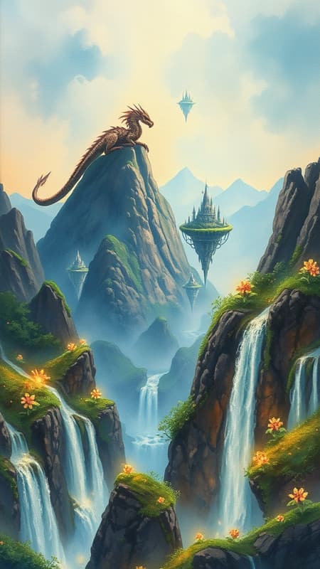 A magnificent Dragon rests atop a rugged mountain peak, gazing over an enchanted valley where floating islands drift among cascades of shimmering waterfalls. The scene is bathed in the gentle light of glowing flora, creating an ambiance rich with ancient secrets and awe. The painting, rendered in watercolors on textured paper, captures the ethereal beauty of this fantastical landscape, where the harmony of nature and mysticism intertwines seamlessly.