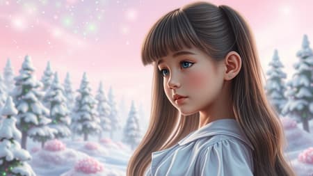 Candy-themed fantasy world Disneyland ethereal soft fluffy landscape forest with snow avatar, pastel pink sky with green and blue sparkles, ethereal light, pastel whimsical rainbow stars, diamonds, gemstones background, hyper-realistic ultra-quality cinematic lighting, immense detail, full HD painting, well-lit, diagonal bangs, collared dress, side view, masterpiece quality, realistic skin, young girl with blunt bangs and long flowing hair, enhanced charming expressions, soft glow, and serene aura.