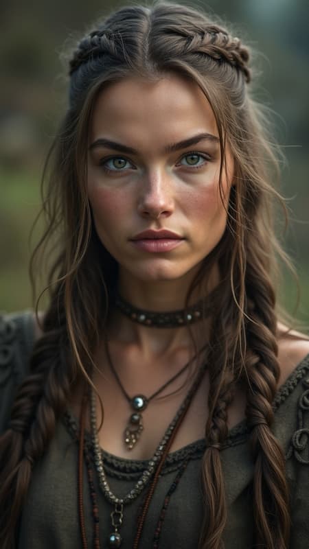 A stunning and realistic portrait of a captivating modern female Viking, captured with soft yet dramatic natural lighting, reminiscent of portrait photography using an 85mm lens. The photograph exudes a sense of magical realism with ultra-detailed features and an intimate composition. The image is reminiscent of being shot on Cinestill 800T, featuring a rich, cinematic quality and a slight ethereal glow. Her eyes are piercing and full of wisdom, framed by intricate braids woven through her long, flowing hair. She wears a blend of traditional Viking attire and modern fabrics, striking a balance between historical authenticity and contemporary style. The background is softly blurred, highlighting her serene yet powerful expression against the subtly mystical ambiance.