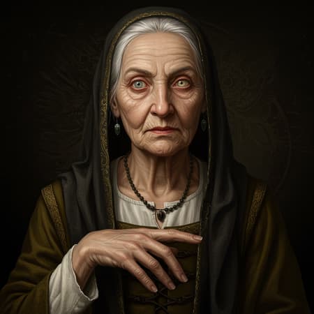 A professional portrait in the style of Roberto Ferri captures the upper body of an elderly woman in simple attire with a striking juxtaposition of ornate and medieval elements, embodying a high fantasy RPG aesthetic. The image is rendered in ultra-high definition, showcasing intricate details and vivid hues. Her face bears the wisdom of age, yet the eyes harbor an otherworldly allure with subtly distorted irises and pupils, suggesting tales of magic and mystery. The composition maintains authenticity in her expression, despite a hint of cross-eyed intensity, evoking a sense of depth and captivating character. Her hands, though delicately posed, reveal an unusual grace with elongated fingers, further enhancing the fantastical theme. The portrayal avoids any modern distractions, focusing solely on the timeless elegance of the medieval era, creating a visual narrative free from contemporary artifacts like text or watermarks, captured with seamless vividness and perfection in every brushstroke.