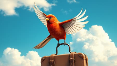 A logo for a travel website featuring a red bird with elegant white wings delicately grasping a vintage travel suitcase against a backdrop of a serene blue sky and fluffy white clouds. The scene is enriched with intricate artwork reminiscent of Beatrix Potter's style, embodying a charming cottagecore aesthetic. Rendered in 8K with high detail, the composition is captured at a 45-degree angle, emphasizing the harmonious blend of whimsical and rustic elements in a 2:3 aspect ratio with quality level 2.0 in version 5. Subtle creative enhancements provide a unique twist, maintaining the essence of the original concept.