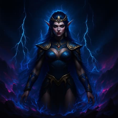 A breathtaking digital illustration of the goddess Athena amidst a thunderstorm, enveloped in powerful, dark blue infernal flames intertwined with vibrant sparks. The apocalyptic scene unfolds around her, painted in a myriad of colors, creating an intricate and elegant visual tapestry. Her presence exudes strength and wisdom, as the hyper-detailed imagery captures the essence of a stormy and mystical atmosphere, set in stunning 8K resolution.