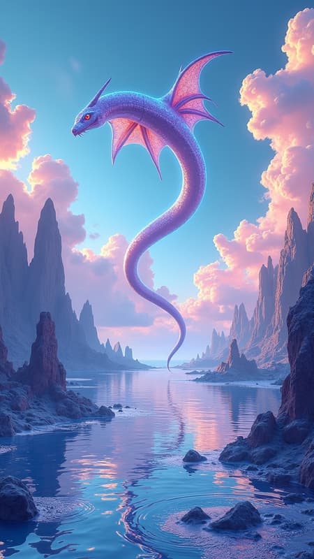 A surreal landscape stretches before you, where gravity-defying crystalline structures protrude from a liquid silver sea. In the sky, phosphorescent clouds pulsate with neon colors, casting vibrant shadows on the ground. A colossal, serpentine creature with translucent scales glides silently through the air, its body adorned with luminescent patterns that shift and change hypnotically. Beneath the water's surface, twisted reflections ripple and warp, giving glimpses of otherworldly entities that seem both familiar and unsettlingly alien. The horizon is a swirling vortex of iridescent mist, inviting yet foreboding, promising a journey into the inexplicable.