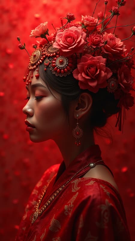 Digital art marvels infused with rich symbolism, inspired by Indonesian artistry, featuring illusionary paintings in a striking red palette. The composition is hyper-detailed and hyper-realistic, transcending into a 4D dimension. With the highest level of detail quality and ultra-realistic textures, the art piece embodies a cinematic essence, rendered in a 9:21 aspect ratio, achieving unparalleled creative quality at a setting of 750 with version 5.1 influences.