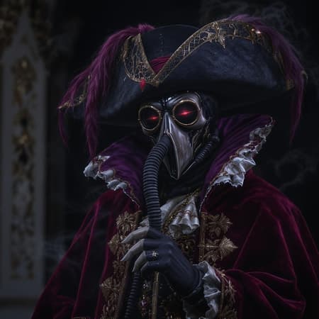 Professional photo of a figure in a plague doctor outfit, featuring ornate, high detail with Venetian influences. The image showcases an anime and manga style digital art with glow effects, hand-drawn quality, and rendered in octane render and cinema 4d using blender. The scene is dark and atmospheric, emphasizing a cinematic and hyperrealistic look with a sharp focus and large depth of field. The masterpiece features vivid colors and a model shoot style, influenced by the artistic styles of Ed Blinkey, Atey Ghailan, Studio Ghibli, Jeremy Mann, Greg Manchess, and Antonio Moro. The art is trending on ArtStation and CGSociety, showcasing intricate, high detail and dramatic photorealistic painting aesthetics by Midjourney and Greg Rutkowski.