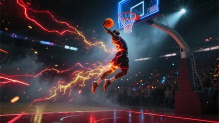 Dramatic action shot of a basketball player soaring mid-air, directly in front of the hoop, frozen in the critical instant just before a dunk. His entire body is angled toward the basket, limbs trailing glowing streaks of motion in red and gold. A pulsing energy aura surrounds him, flickering with faint embers and lightning arcs. The basketball itself emits a soft orange glow, building kinetic charge. The rim is backlit with a vibrant blue halo, casting shimmering reflections across the backboard. A high-powered spotlight explodes behind him, creating intense lens flare and dynamic shadows on his uniform. The stadium air is thick with cinematic fog, pierced by diagonal light rays and digital particle sparkles that follow his vertical ascent. The floor glows with faint neon reflections, and the crowd’s flashes ignite the scene with a galaxy of light in the background. The spatial tension between player and hoop is amplified by vibration lines and shockwave distortions.