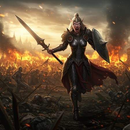 Epic wide shot of a fierce warrior woman with elven features, set against a massive-scale battlefield. Her intricate armor and weapon glisten with detail as she charges forward, her expression a mix of powerful rage and goddess-like determination. The forgotten battlefield, littered with remnants of past skirmishes, is engulfed in a wall of fire in the background. Sunbeams pierce through the smoke, casting crepuscular rays across the scene. The aerial perspective adds depth focus to the dark fantasy setting, capturing the chaos in a photorealistic, CGI style reminiscent of Diablo. Her pose, captured in slow motion, emphasizes her strength and beauty, creating a hyperrealistic, highly detailed, and complicated maximalist composition.