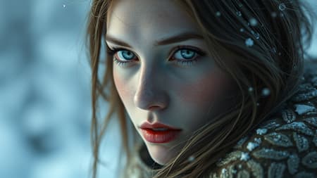 Windswept winter scene, natural beauty, silver-grey eyes, hyper-detailed digital artwork, popular on ArtStation, cinematic lighting, studio-quality finish, smooth rendering, created in Unreal Engine 5 and Octane, art style influenced by Klimt, Nixeu, Ian Sprigger, WLOP, and Krenz Cushart yet distinct, low resolution, distortion, misalignment, poor quality, jpg imperfections, marred appearance, repetition, grim, disfigured, cropped edges, extra fingers, malformed hands, inaccurately depicted hands, faces, and features, alteration, unclear, unhealthy look, anatomical inaccuracies, disproportion, additional limbs, replicated features, distorted structure, unusual measurements, altered limbs, absent limbs, extra appendages, merged fingers, excessive fingers, elongated neck.