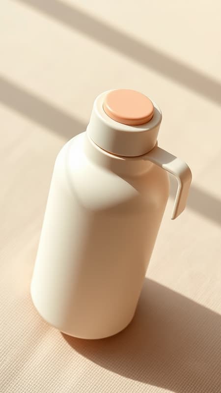 A sleek, modern cream-colored bottle with a velvety matte finish, elegantly placed at an angle on a textured beige surface. The bottle showcases a smooth, compact form with a cleverly integrated handle on the lid. The lid is topped with a subtle coral circular presser, accompanied by a delicate side indicator, exuding a contemporary and functional aesthetic. Captured in natural lighting using a shallow depth of field for a cozy, product photography ambiance.