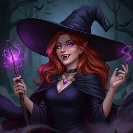 Generated Fantasy Artwork The digital fantasy artwork depicts a captivating witch with mesmerizing features. This enchanting figure is a woman with porcelain skin and fiery red hair cascading in loose waves. She dons a traditional, wide-brimmed black witch's hat and a midnight-blue, lace-trimmed cloak that swirls around her. Her eyes are a brilliant, glowing amethyst, and her smile reveals sharp, elongated fangs sparking intrigue. In her right hand, she grasps a wand that radiates a pulsing, violet magical aura. Adorning her neck is an intricate, black choker with a vibrant violet gemstone pendant. The background showcases a shadowy, fog-laden forest where the outlines of bats flit through the mist, contributing to the spellbinding and mysterious ambiance. The color scheme is primarily dark with rich purple highlights, enhancing the otherworldly allure of the scene.