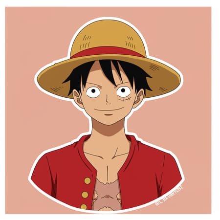 A minimalist sticker design featuring Monkey D. Luffy from One Piece, wearing his iconic straw hat with a confident smirk, captured in an anime-inspired style. The design emphasizes bold lines and vibrant colors, with a touch of unique flair to stand out as a trending piece on ArtStation, while maintaining a 2:3 aspect ratio and embracing a fresh approach.
