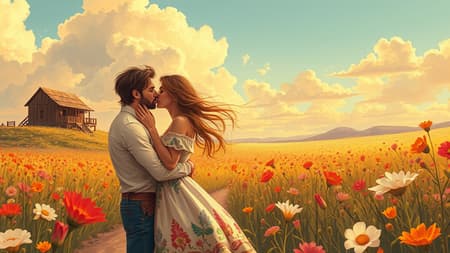 Romantic illustration of a couple locked in a passionate embrace, set in the wild west, surrounded by a vibrant field of blooming flowers with the warm breeze subtly rustling through. The scene captures the timeless essence of love under an expansive sky, evoking the raw and unfiltered beauty of a romance novel.