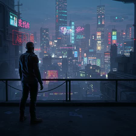 Dystopian High-detail Vibrant Artwork Dystopian high-detail vibrant photo of a full-shot figure standing on an overlook, gazing at a sprawling cyberpunk city skyline. The figure features a beautifully crafted face, illuminated with raytraced, specular lighting. Captured with a shallow depth of field using a 200mm lens, the scene is in hard focus, offering a smooth, cinematic film still quality. The CGI-rendered image combines 3D elements with octane rendering techniques. The detailed cityscape in the background complements the scene, avoiding distractions of low resolution, and preserving realistic anatomy and proportions with no extraneous or malformed features. The setting and character maintain organic and natural appearance without imperfections like missing or extra limbs. The futuristic city is depicted under an atmospheric glow, enhancing the overall visual storytelling.
