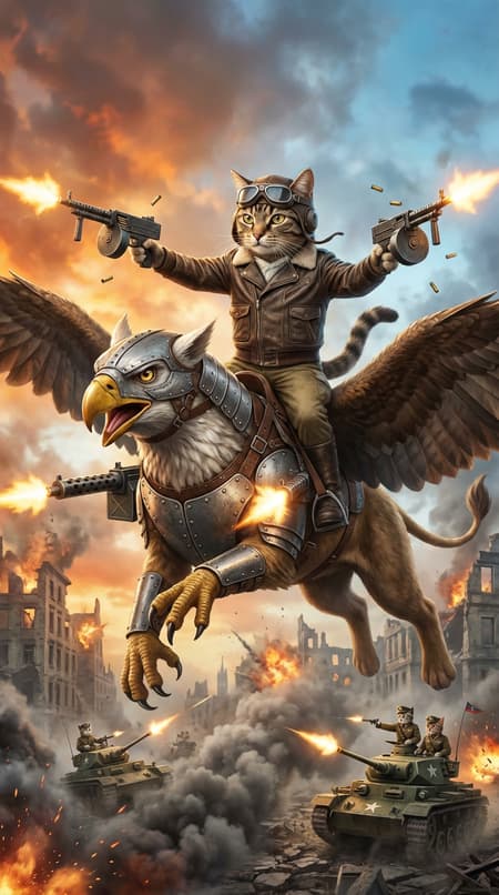 Full-shot, photorealistic image of an anthropomorphic tabby cat in a pilot's leather jacket and goggles, riding on the back of a heavily armored griffin, both firing machine guns mid-air. The griffin has metallic armor across its head and body, with leather straps. The cat is holding two machine guns, one in each hand, with muzzle flashes and spent casings flying. Below, a war-torn city with destroyed buildings and smoke, several military tanks with cat soldiers are firing their weapons. Dynamic lighting, dramatic and intense mood, with explosions and smoke. Warm, fiery colors from muzzle flashes contrast with the cool blue sky and drab city. Hyperdetailed, cinematic, epic scale.