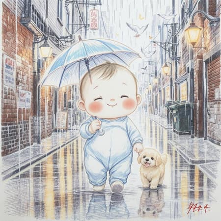 Sketch of a delightful scene featuring a beautifully rendered colored pencil line art of a chubby, cute baby holding an umbrella while walking a small dog through a rain-soaked alley in a sprawling city. The artistic composition captures the essence of this serene moment with incredible detail, showcasing soft curves and expert brush techniques. Above, emotional birds are seen in a captivating line drawing style, chirping melodiously. The image features perfect light, highlighting natural volumetric cinematography with exquisite soft light and shadows. Drawing inspiration from the realism of oil paintings by masters like Raphael, Caravaggio, and the intricate detailing seen in works by Greg Rutkowski, Beeple, Beksinski, and Giger, this scene captures a dreamlike quality. Its composition mirrors trending artwork on ArtStation, evokes the depth of 8k fine art photography, and combines elements of realistic conceptual art with the texture of oil on canvas to create an award-winning masterpiece.