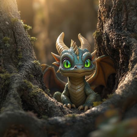Baby dragon nestled among ancient forest trees, its large, glistening green eyes reflecting the dappled sunlight filtering through the canopy. The scene is infused with intricate, whimsical details akin to a magical realm, reminiscent of zbrush artistry. The dragon's scales shimmer in shades of teal and gold, with patterns that echo the stylings of Paul Barson. The close-up perspective captures its curious expression and the textures of its sharp, slightly prickly spine. Kadir Nelson's influence is seen in the rich, vibrant colors and expressive depth, creating a captivating snapshot of this enchanting creature. Baby dragon nestled among ancient forest trees, its large, glistening green eyes reflecting the dappled sunlight filtering through the canopy. The scene is infused with intricate, whimsical details akin to a magical realm, reminiscent of zbrush artistry. The dragon's scales shimmer in shades of teal and gold, with patterns that echo the stylings of Paul Barson. The close-up perspective captures its curious expression and the textures of its sharp, slightly prickly spine. Kadir Nelson's influence is seen in the rich, vibrant colors and expressive depth, creating a captivating snapshot of this enchanting creature.