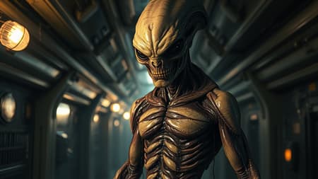 A masterpiece of a creepy, unnerving alien creature features unique alien skin and clothing, set against a damp and steamy, highly detailed spaceship corridor. The sci-fi setting is enhanced by flickering halogen lamps and muted dark colors, presented in high dynamic range. The creature adopts an aggressive yet sultry full-body pose, showcasing a perfect and detailed face, along with a flawless, intricately detailed body. Alien tattoos and scars mark its smudged, oil-greased skin, which is depicted with complex details and reflective, wet textures. Water drips down its highly detailed form, reminiscent of The Alien film franchise, with a photorealistic, hyperrealism style. The analog style and 8K UHD quality, rendered with octan technology, contribute to its concept art appeal. The piece is professionally color graded with a muted LUT, echoing the works of HR Giger, Hans Ruedi Giger, Aaron Horkey, and Jeremy Mann. The imagery incorporates elements like stacked torsos and totem pole features, with intentional anatomical distortions and mutations for a disturbing effect, all while avoiding basic drawing errors like poorly drawn or disconnected limbs.