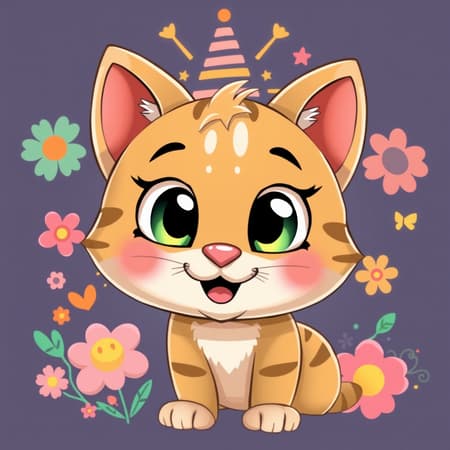 Adorable cartoon cat with big, cheerful eyes, giving a friendly smile to the viewer, illustrated in a vibrant vector style, surrounded by colorful, whimsical elements for a playful and joyful atmosphere.