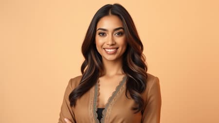 A confident 30-year-old Arab woman stands against a soft, warm beige background, her posture exuding elegance and strength. Her expressive eyes are framed by a gentle smile, and her hair cascades gracefully down her shoulders. She wears a stylish, modern outfit that complements her vibrant personality, with subtle cultural patterns subtly woven into the fabric. The warm hues of the backdrop highlight her radiant skin, creating a harmonious balance between her poised demeanor and the serene ambiance surrounding her.