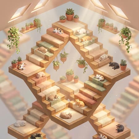 Cozy Cats On Impossible Pastel Staircase A high-resolution, incredibly detailed isometric 3D architectural rendering, inspired by the relaxing aesthetics of cozy indie puzzle games and modern pastel illustration. Rendered in an orthographic projection using Octane Render to create a perfect, distortion-free view of impossible geometry, turning an Escher-like concept into a soothing, tactile diorama. The structure is a looping, impossible staircase, but instead of cold stone, it is constructed from smooth, warm oak wood, plush velvet cushions, and woven rugs. On absolutely every visible step, a different cat is resting peacefully. There are calicos stretching, ginger tabbies curled up into tight croissants, fluffy Persians bathing in the sun, and sleek black cats lazily blinking down at the viewer. They are not menacing; they are incredibly relaxed, turning the mind-bending architecture into a sleepy, infinite cat cafe. The surrounding environment is a lush, floating botanical sunroom. Hanging pothos vines drape over the impossible ledges, and small terracotta pots with succulents are tucked into gravity-defying corners. The color palette is deeply soothing and therapeutic, dominated by warm peach, soft sage green, creamy whites, and pale terracotta, perfectly complementing the natural, varied fur patterns of the infinite cats. The lighting is soft, diffused, and incredibly warm, simulating a lazy mid-afternoon golden hour. Gentle, hazy sunbeams (volumetric god rays) angle down from unseen skylights, creating glowing patches of warmth on the stairs where the cats have chosen to sleep. The shadows are soft and luminous, utilizing high-quality global illumination to eliminate any harsh or stressful contrast, wrapping the entire scene in a comforting, sleepy glow. A subtle tilt-shift depth of field effect is applied, keeping the central cluster of looping stairs and cats in razor-sharp, tactile focus while the endless, repeating staircases in the distant background gently blur out into a soft, pastel haze. Tiny, glowing dust motes drift lazily through the sunbeams. The final image has a velvety, pristine matte finish. No border, no frame, edge to edge. Make the aspect ratio 3:4