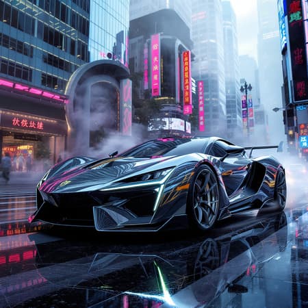 A breathtaking digital painting of a state-of-the-art car with gleaming metallic surfaces, set against a vibrant cityscape. The composition features a low-angle perspective, highlighting its sleek, elegant design with intricate detailing. Rendered with exceptional clarity and smoothness, the art captures the essence of concept art found on ArtStation. It combines the sharp focus typical of Artgerm, the imaginative brilliance of Greg Rutkowski, and the ornamental richness reminiscent of Alphonse Mucha. The illustration conveys an air of sophistication and innovation, presented in stunning 8k resolution, with a touch of creativity that enhances the original vision.