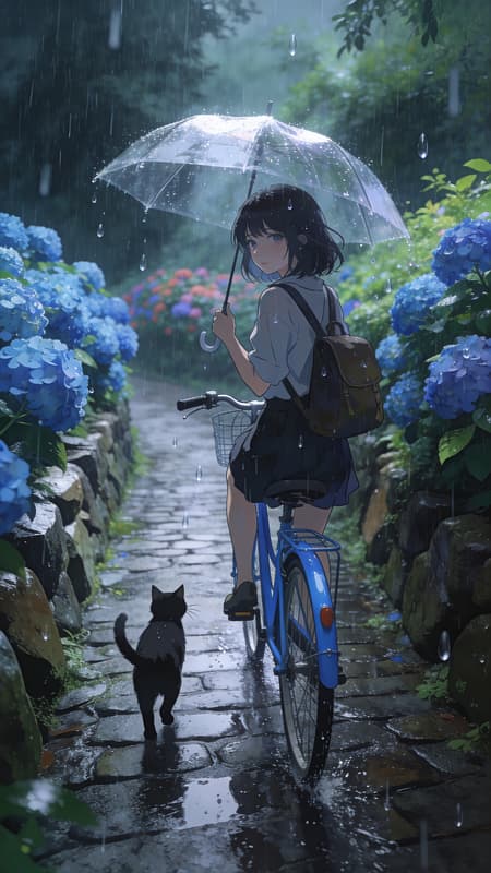 Create an image of the following peaceful rain scene: A sweet womanis  riding a blue bicycle along a cobbled path. She is carrying a satchel on her back and holding a transparent umbrella in one hand. A cute little black cat is walking beside her. The path is wet, and blue hydrangeas bloom on both sides, bordered by a natural stone wall. It is raining heavily. The atmosphere is calm and peaceful, with gently falling raindrops pattering around them. The style is inspired by anime, with soft textures and delicate lighting that highlights the wet and reflective surfaces. The background consists of lush greenery and vibrant hydrangeas, adding depth and tranquility to the scene.The scene in a dreamlike, ethereal glow, romance, whispered, unseen secrets, fantasy, dreamlike, surrealism, sharp focus, rich in detail, dreamy, cinematic, trending on ArtStation, captivating, fantastical, splash art, photorealistic, concept art, sharp focus, harmony, mysterious glow, superb composition,  masterpiece, award-winning, , anime, CAICO, Anime CRABDM style,