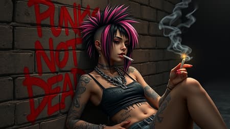 A slender punk female lounges against the gritty brick wall of a dimly lit alley, savoring a freshly lit cigarette, the smoke curling around her. Behind her, "Punk's Not Dead" is boldly spray-painted in vivid red, a defiant declaration. Her hyper-realistic, detailed dreads cascade in striking pink and black hues, contrasting her side mohawk haircut. Adorning her neck are large, chunky necklaces that clink softly with her movements. Her body is a canvas of tattoos, an intricate display of rebellion, with piercings gracing her nose, lip, and eyebrow. She wears a worn crop tank top, revealing inked skin, and her clothes are artfully tattered and dirt-streaked. The scene is set against a wide, dark background, reminiscent of a Luis Royo illustration, enriched by Rembrandt lighting that casts dramatic shadows. This piece of concept art is an ode to fantasy, hyper-detailed and intricately sharp, capturing the essence of punk with a unique twist. A slender punk female lounges against the gritty brick wall of a dimly lit alley, savoring a freshly lit cigarette, the smoke curling around her. Behind her, "Punk's Not Dead" is boldly spray-painted in vivid red, a defiant declaration. Her hyper-realistic, detailed dreads cascade in striking pink and black hues, contrasting her side mohawk haircut. Adorning her neck are large, chunky necklaces that clink softly with her movements. Her body is a canvas of tattoos, an intricate display of rebellion, with piercings gracing her nose, lip, and eyebrow. She wears a worn crop tank top, revealing inked skin, and her clothes are artfully tattered and dirt-streaked. The scene is set against a wide, dark background, reminiscent of a Luis Royo illustration, enriched by Rembrandt lighting that casts dramatic shadows. This piece of concept art is an ode to fantasy, hyper-detailed and intricately sharp, capturing the essence of punk with a unique twist.