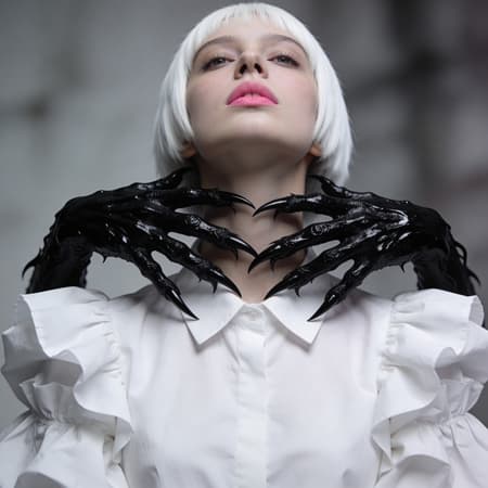 Photorealistic portrait of a young woman with stark white, short bob hair and pale skin, looking up slightly. Her neck is encircled by two highly textured, glossy black, monstrous hands with long, sharp nails, appearing to emerge from beneath her ruffled white blouse with voluminous sleeves. The lighting is soft and even, emphasizing a serene yet eerie mood. The color palette is muted, primarily shades of white, grey, and deep black, with a hint of natural pink on her lips. The atmosphere is unsettling and elegant, with a subtle texture of film grain. Studio shot, shallow depth of field.
