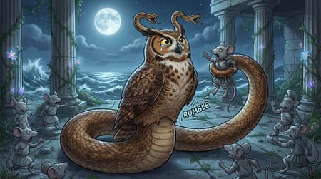 On the first and second image you can see Hooh - large pet great horned owl. I want to make another pic with this owl

A photorealistic, comedic mythological scene, view from side. The majestic Great Horned Owl, Hooh, has been transformed into a "Medu-Hooh". Where her lower body and legs should be, there is a seamless transition from brown and white feathers (just below chest level) into a large, powerful, scaly serpentine lamia tail, coiled on the ground. Her iconic ear tufts have been elongated and transformed into two small, live, brown hissing snakes, their eyes glowing.



Hooh's expression is one of profound, sulking sadness and hunger. Large, cartoony tears well in her huge, miserable golden eyes. The reason for her despair is visible around her: several small mice turned into stone around, her petrified and now utterly inedible prey. She looks not with regret, but with the deep, tragic woe of someone whose every meal turns to literal rock. The setting is a dusty ancient temple floor. She is holding one of the stone mice with her tail in front of her face. Mice statues are in naturel poses, not on postaments - some running with terror, some holding swords clearly frozen mid-attack.

Location - an old greece temple with large columns, now overrun by nature, with vines all around, and mystical flowers. Moonlight illuminates this location. Temple is built near the raging sea. 

Hooh doesn't have legs or feet or arms! She has wings, and upper body of an owl, but all below that level is a lamia snake part. Mice look anthropomorphic, some wear tunics, others - greek-themed armor. She is looking up at moon, clearly hungry (you can add sound effect near her tummy). Also Hooh doesn't look at viewer.