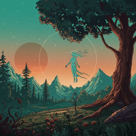 A dreamlike depiction featuring a large circle of an ethereal figure hovering above a tree, set within a landscape of vibrant fantasy hues. The scene is teeming with psychedelic and surreal elements, where melting forms and flowing textures meld in shades of teal and bronze. This energy-charged illustration captures the essence of hikecore, portraying a sublime wilderness akin to breathtaking poster art that leaves one in awe of its beauty.