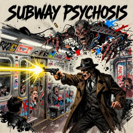 An expressionistic mixed-media illustration in the style of Bill Sienkiewicz, with a 2:3 vertical aspect ratio. A gritty, trench-coated detective with a fedora is cornered in a graffiti-covered subway car, his face a swirling mask of shadow and fear. He is firing a pistol that erupts in explosive, abstract lines of yellow and white light, but the bullets are disintegrating against a monstrous, hulking creature made of tangled subway grating, electrical wires, and urban refuse, which is tearing the roof of the train car open. The creature's form is abstract and chaotic, rendered with heavy ink splatter, collage elements, and violent brushstrokes. The subway car is a distorted, fragmented background of metal, advertisements, and terrified, screaming passengers rendered in blurry, impressionistic streaks. The colors are muted browns, greys, and deep blacks punctuated by violent bursts of electric blue, red, and yellow. The title "SUBWAY PSYCHOSIS" is scrawled in a jagged, scratchy font at the top. The image is textured with drips, scratches, and raw paper. No signature.