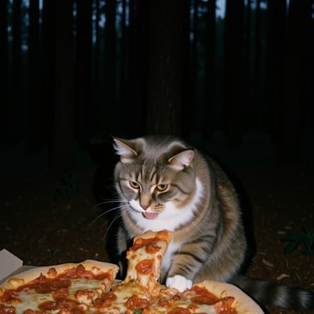 cat eating a pizza in a dark forest