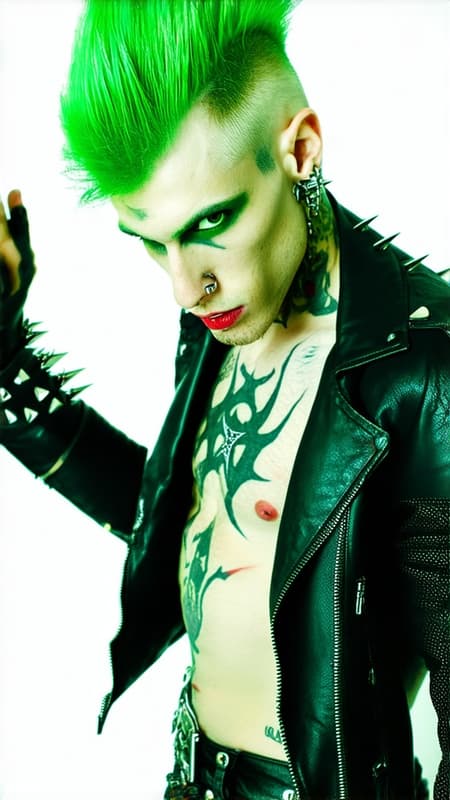 masculine man, Caucasian male. Heavy Metal and Punk Rock fan. Tall, thin, lithe but muscular, sinewy, well defined, wide shouldered. Pale skin, strong brow and chin. Rugged good looks. Electric green eyes, intense gaze, often sneering. Bright green hair, shaved on the sides and top, with a shark fin Mohawk hairstyle in the center of his head. 3 spiked piercings down the center of his forehead. Goatee on the face is also green. He wears a sleeveless black leather motorcycle jacket, unzipped. Black leather bracers on his arms, silver spikes on them (bracers).  Red biohazard tattoo on his left arm. Armpit hair is also green, which he displays proudly. Black leather jeans, with a spiked leather belt. A silver biohazard symbol as the belt buckle. Full body pose. His aura is a radioactive green, often toxic to the people around him. He roams the city streets. 