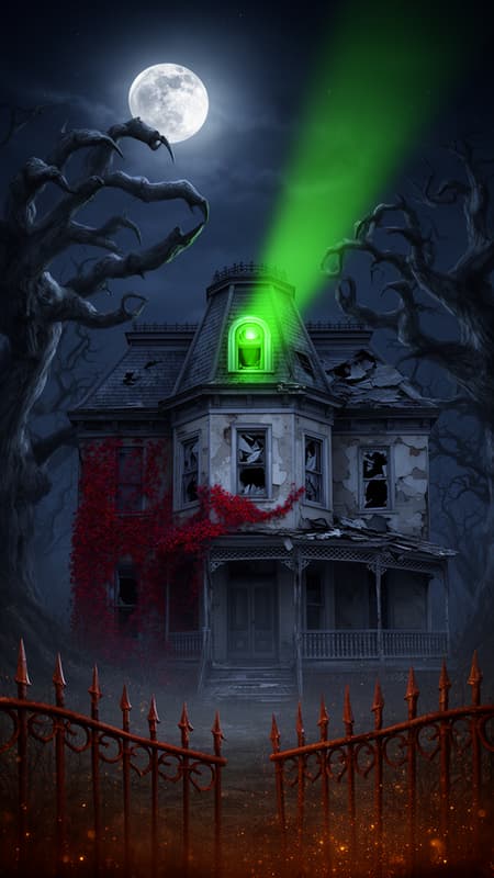 Haunted Victorian Mansion Under Full Moon A haunting, dilapidated Victorian mansion under a full moon, digital painting. The house is centered, with broken windows, crumbling walls, and a collapsing porch. Red ivy climbs the facade. An eerie green glow emanates from an attic window, casting a beam of light into the dark, starry sky. Giant, gnarled tree branches with claw-like fingers frame the house. A rusted, spiked wrought-iron fence is in the foreground. The mood is spooky and mysterious. Colors are deep blues, grays, and black, with accents of glowing green, crimson red, and hints of gold dust. Atmospheric, cinematic lighting.
