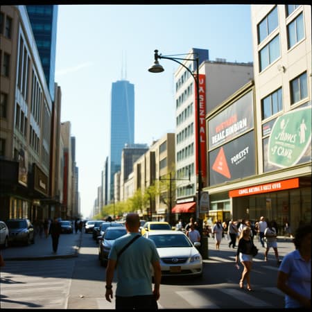 Urban scene captured on Kodak Portra film, showcasing bustling city streets bathed in natural daylight, with subtle creative elements adding depth and vibrancy to the classic film aesthetic.