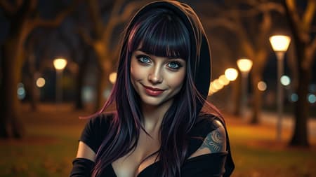 woman, black hoodie, arm tattoo, long hair with bangs, small breasts, big green eyes, purple hair, detailed background, in a park setting, portrait, smiling with a seductive look, night time, dim atmospheric lights, 8k ultra high definition, realistic lighting, captured with a Nikon z9 camera, raytracing effects, focused on face, hdr effects, no distortions or artifacts, no text or signatures, focused and sharp imagery with no blur, artistic portrait with a soft ambiance, night-time park setting.