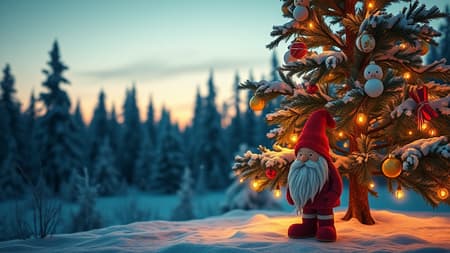 CGI winter scene featuring a New Year tree adorned with glowing ornaments, accompanied by a Scandinavian Christmas gnome designed in a unique, stylized form reminiscent of Kaws. The setting is a serene winter forest with a subtle gradient sky that shifts through hues of twilight. The scene is rendered with photorealistic detail, leveraging the capabilities of Unreal Engine and Octane Render to create a warm, inviting atmosphere amidst the icy backdrop. Snow gently falls around the tree and gnome, adding a touch of seasonal magic.