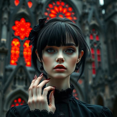 Gothic girl dressed in black, elegant face, close-up headshot, a majestic gothic cathedral in the background, flawless image, crisp details, the cathedral's windows reflecting fiery red hues, intricate mandala designs, 8k resolution, UHD, HDR, featuring model Dark Sushi, unique character, elongated neck, distinctive hands, softly blurred background, free of imperfections, pristine and clear, no artifacts or extraneous elements, a mystical and enchanting atmosphere.