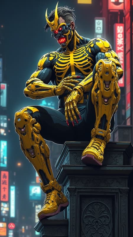 Super-hero, vigilante anti-hero, spooky. cinematic composition, urban noir atmosphere. Athletic Caucasian male, muscular husky build, 5'10", wearing a formfit spandex tactical stealth suit in matte black nano-fabric. Ornate yellow-gold skeleton graphic design overlay across limbs, anatomically accurate bone patterns with glow-in-the dark. Yellow-gold combat boots rising to knees with aggressive V-cutout, deep crimson titanium toe caps. Armored gauntlets in metallic yellow-gold reaching elbows, featuring crimson finger-tips with retractable diamond-tipped claws. Custom electroshock weapon system generating vivid red lightning effects, 32k resolution electricity details.

Chest armor features intimidating demon-face design: yellow-gold base with cut-out revealing matte black underlayer forming ribs, centered by menacing grin with sharp blood-red metal teeth. Upper chest includes glowing crimson LED eye shapes, shoulders sculpted into sharp horn-like points. Tactical neck guard in stealth black nanoweave, flowing into yellow-gold face mask with aggressive V-shape design. Mask features geometric black jaw section and prominent crimson V-shaped visor with internal illumination, creating threatening eyes effect. Modern  short fade hairstyle with dark brown top length styled sideswept. 

Dynamic pose showing figure perched on gothic architecture, photographed from dramatic low angle. Moody nighttime urban setting with neon accent lighting, volumetric fog effects. Ray-traced reflections on metallic elements, cinematic color grading emphasizing deep shadows and selective highlights. Photorealistic materials and textures, 8k resolution, octane render, ultra-detailed, studio lighting with practical effects.