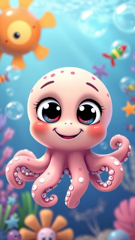 Adorable baby octopus in a Pixar-inspired art style, exuding irresistible charm with oversized, expressive eyes, a playful grin, and a soft, vibrant color palette; set against a colorful underwater backdrop, surrounded by whimsical bubbles and friendly sea creatures. Adorable baby octopus in a Pixar-inspired art style, exuding irresistible charm with oversized, expressive eyes, a playful grin, and a soft, vibrant color palette; set against a colorful underwater backdrop, surrounded by whimsical bubbles and friendly sea creatures.